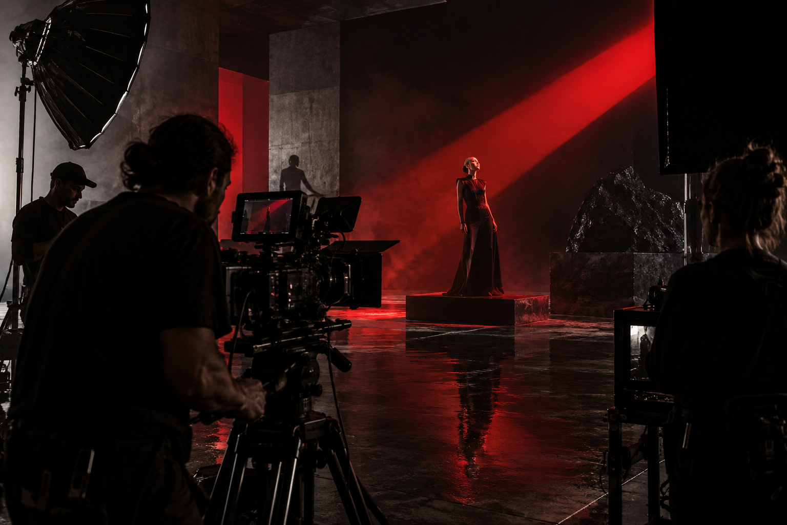 Performer silhouetted in red stage lighting